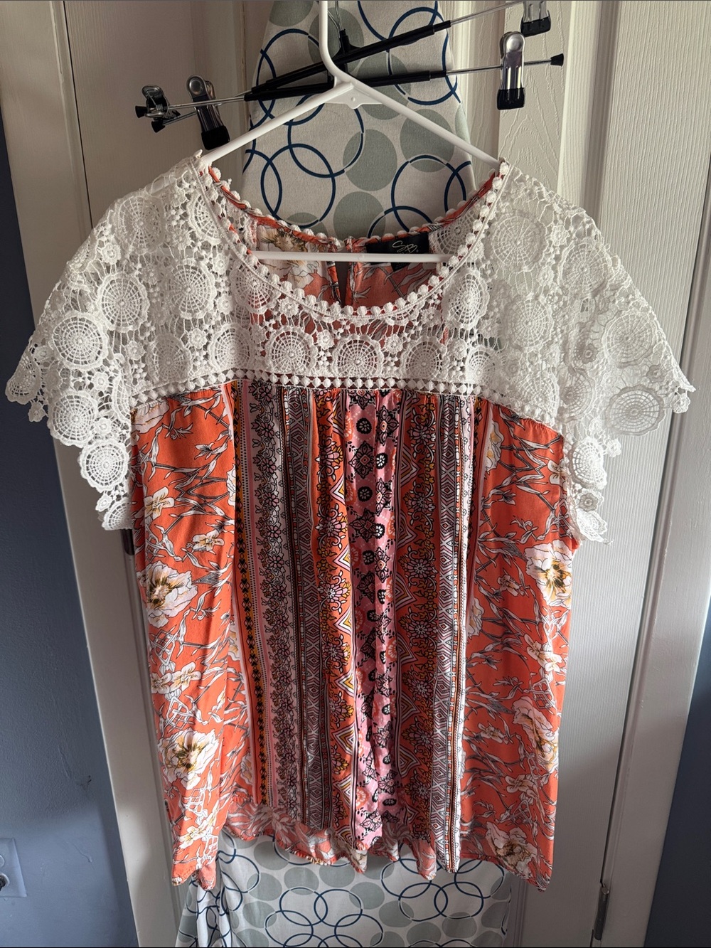 Suzanne Betro Orange Floral Tunic with White Crochet Yoke